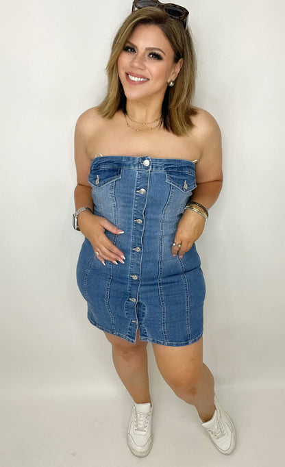 Denim Tube Sleeveless Button Short Dress