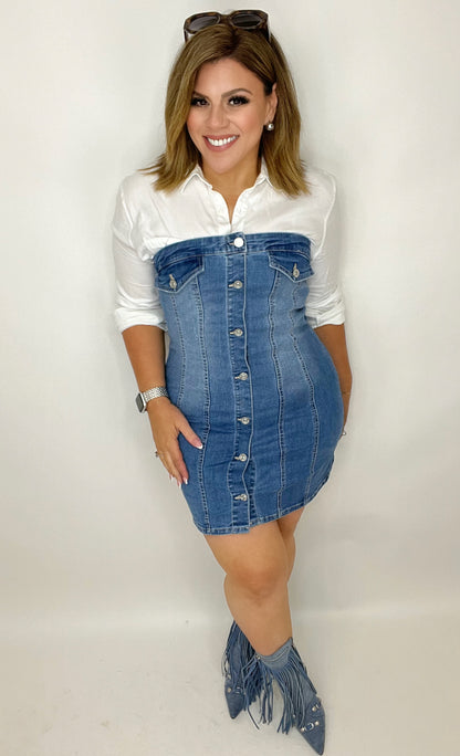 Denim Tube Sleeveless Button Short Dress