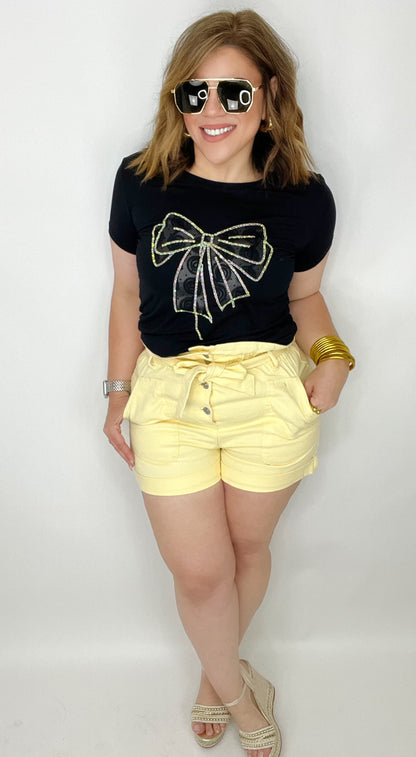 Belted Denim Shorts In Pastel Yellow