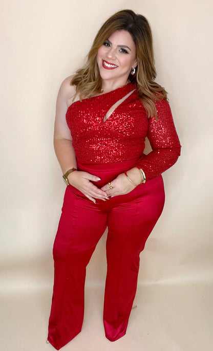 Red Sequin One Shoulder Top