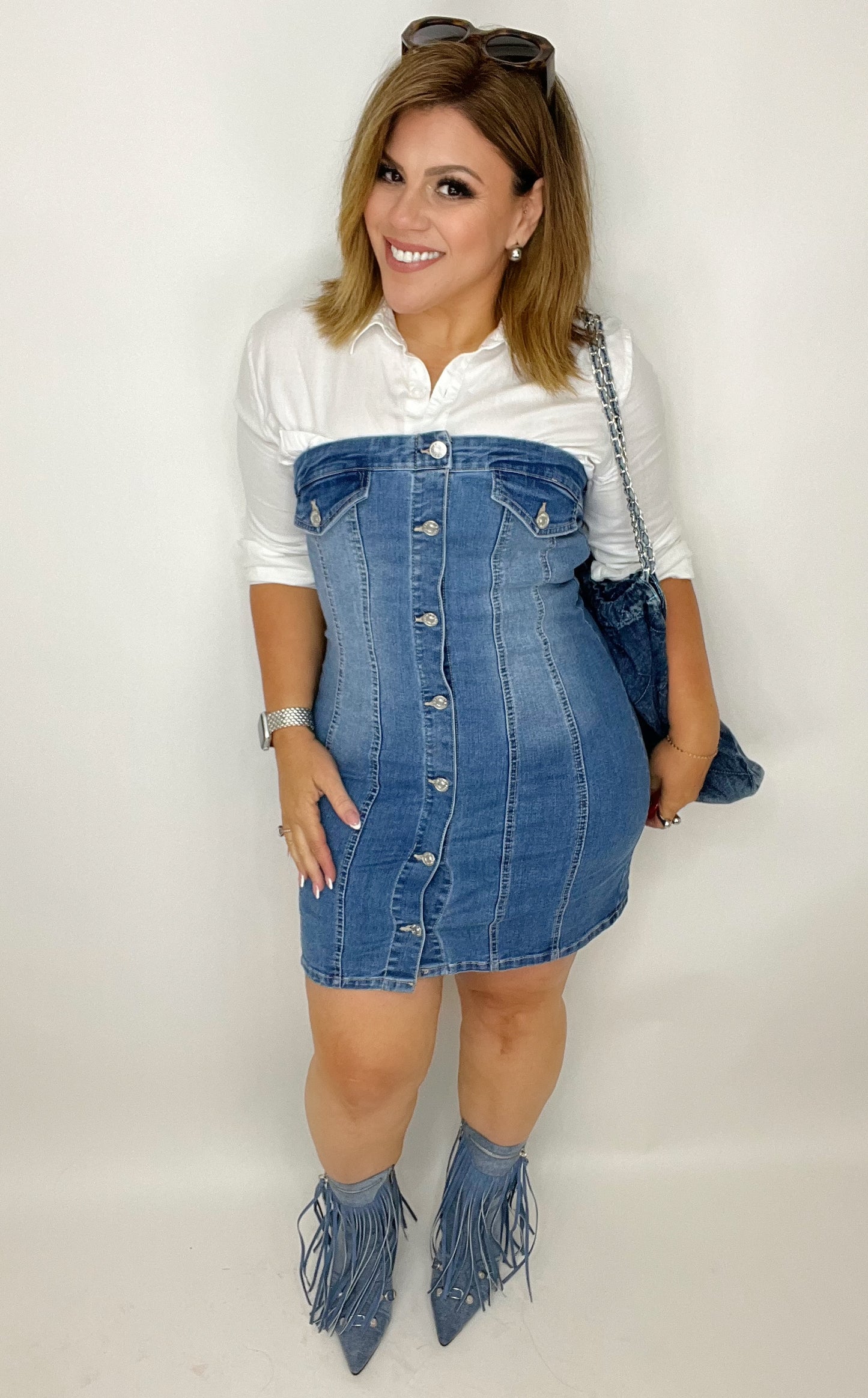 Denim Tube Sleeveless Button Short Dress