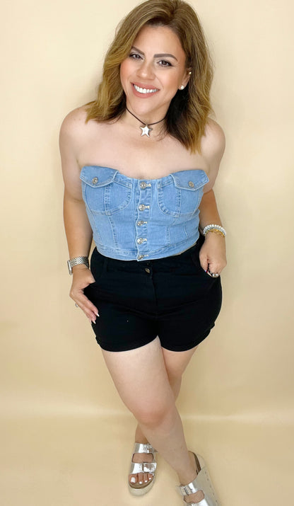 Double Buttoned Waistband Denim Shorts