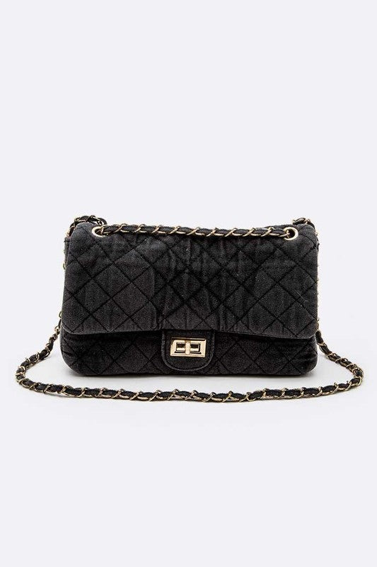 Washed Denim Quilted Iconic Shoulder Bag In Black