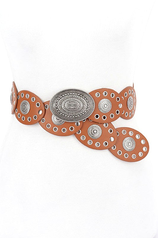 Western Concho Studs Oval Fashion Belt In Camel