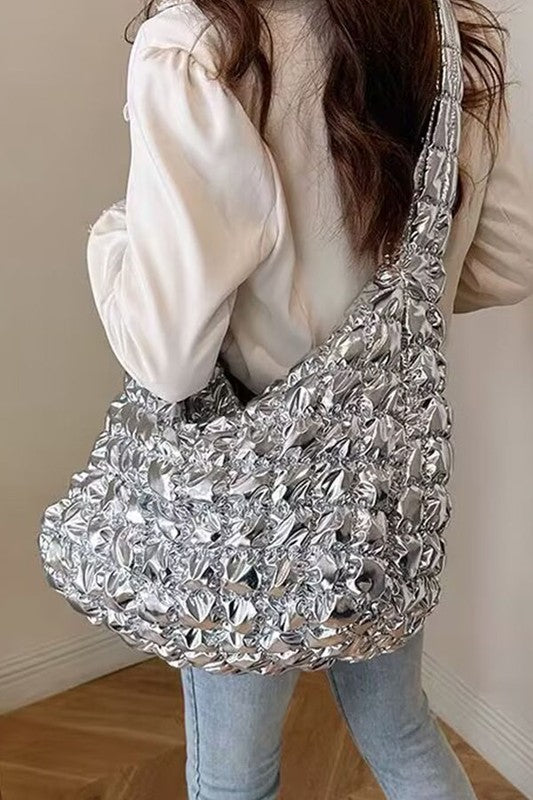 Quilted Bubble Metallic Crossbody Bag In Silver