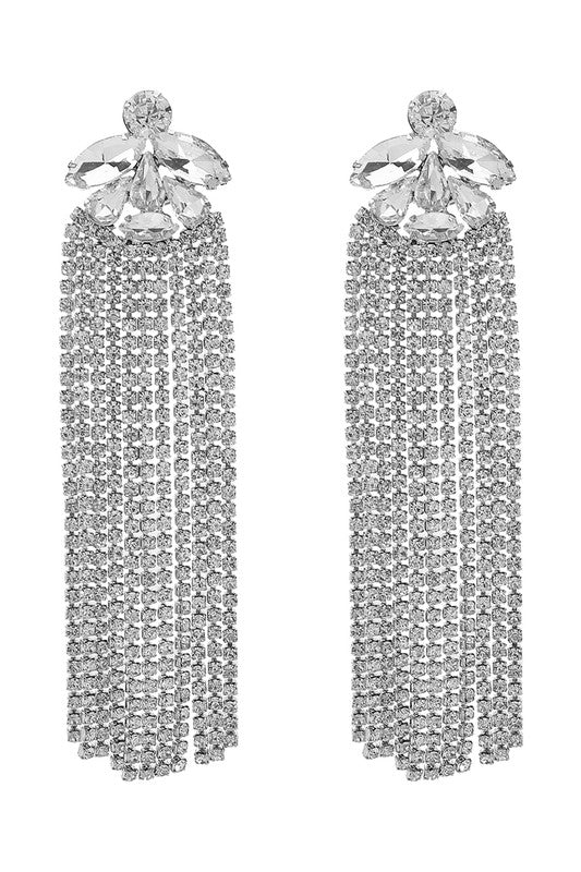 Long Lux Tassel Rhinestone Dangle Earrings Silver