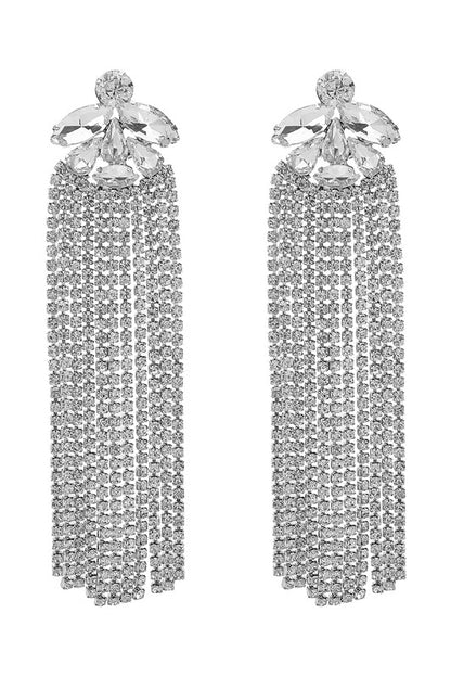 Long Lux Tassel Rhinestone Dangle Earrings Silver