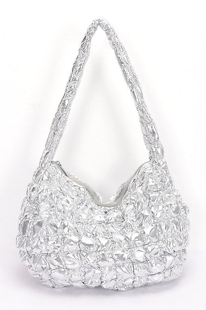 Quilted Bubble Metallic Crossbody Bag In Silver