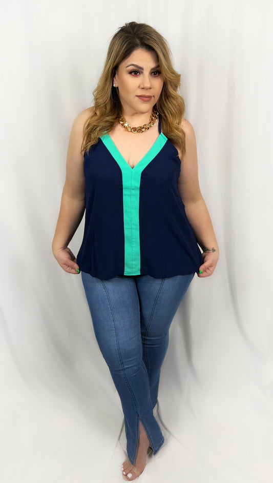 Let's Go Back To Basics Navy/Green Tank Top